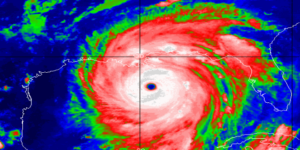 Hurricane Katrina making landfall in the southern US region, August 2005. (Photo: SSEC/CIMSS, University of Wisconsin–Madison)