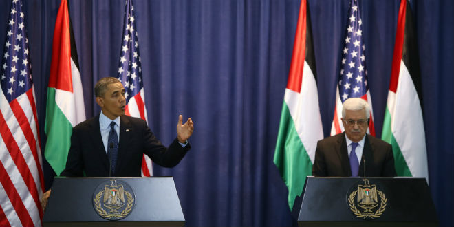 U.S. President Barack Obama and Palestinian President Mahmoud Abbas during a joint press conference at the Muqata Presidential Compound in the West Bank City of Ramallah. March 21, 2013. (Photo: Issam RImawi/FLASH90)