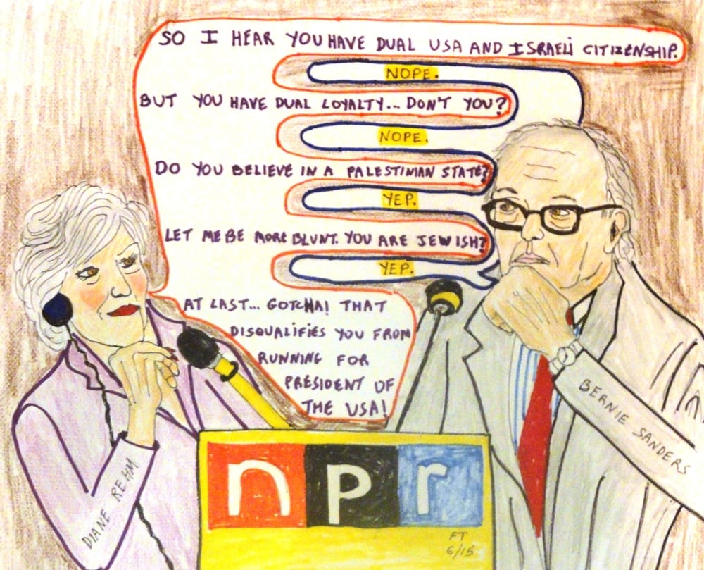 A cartoon on the recent incident in which NPR host Diane Rehm incorrectly stated that Sen. Bernie Sanders has "dual citizenship with Israel. (Photo: FeinTooner)