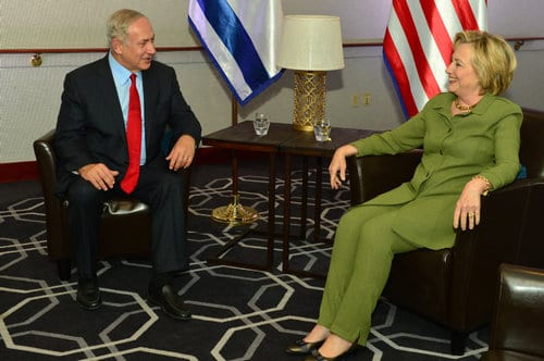 Israeli Prime Minister Benjamin Netanyahu with Democratic nominee Hillary Clinton in September. (CredIt: Kobi Gideon/GPO.)