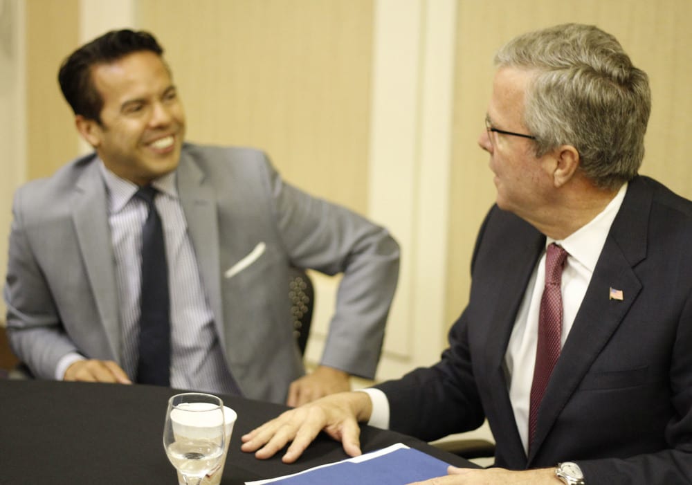 Rev. Samuel Rodriguez (left), president of the National Hispanic Christian Leadership Conference (NHCLC)/CONEL, with former Florida governor and expected presidential candidate Jeb Bush at the NHCLC/CONEL convention in Houston. When Bush addressed the convention, he received the loudest applause for his remarks on Israel. (Photo: Carlos Campos)