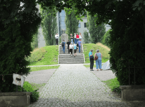 The Israel365 group climbs the steps of Mila 18. (Photo: Breaking Israel News)